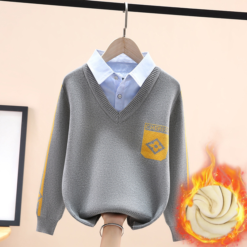 秋冬新款男童加绒加厚童装衬衫领针织衫中大儿童口袋男孩上衣纯棉