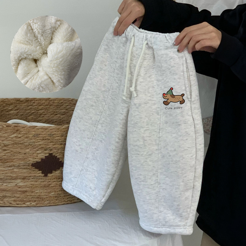 儿童加绒裤子秋冬新款卡通印花宽松弯刀裤男女童宝宝加厚保暖长裤