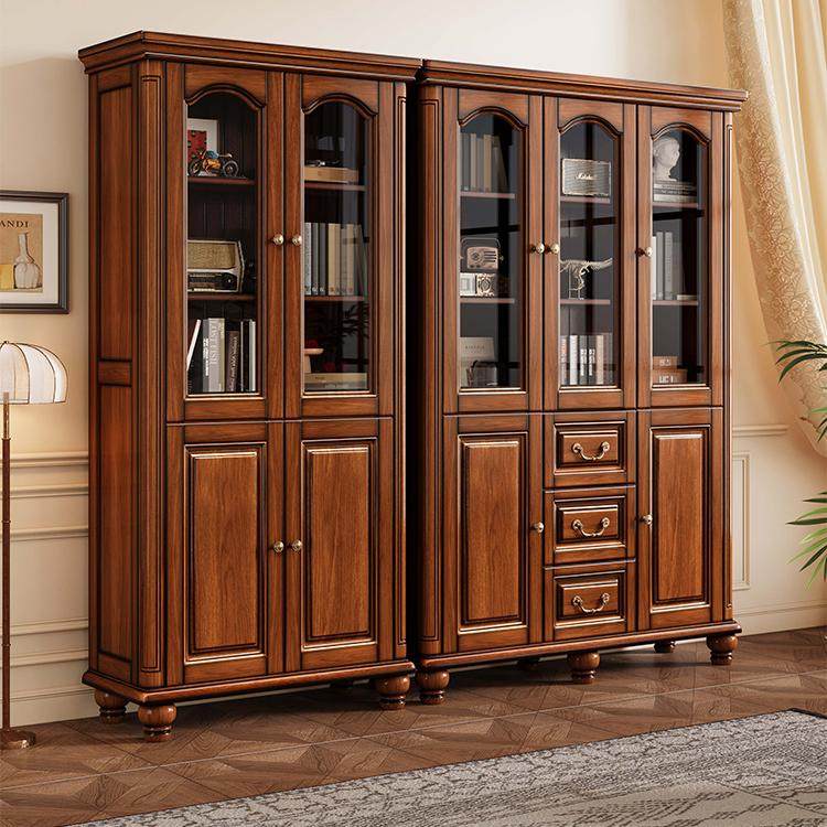 美式复古乡村实木书柜桃花心木书房自由组合落地书橱置物柜玻璃门