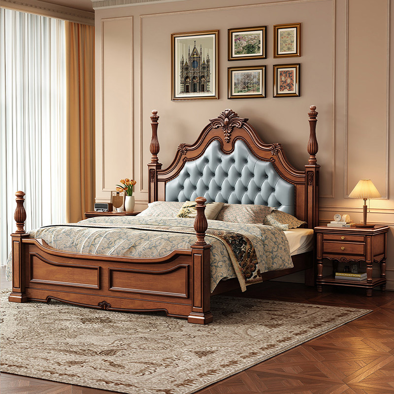美式复古实木床卧室大婚床1.8米桃花心木别墅豪华软包高箱储物床