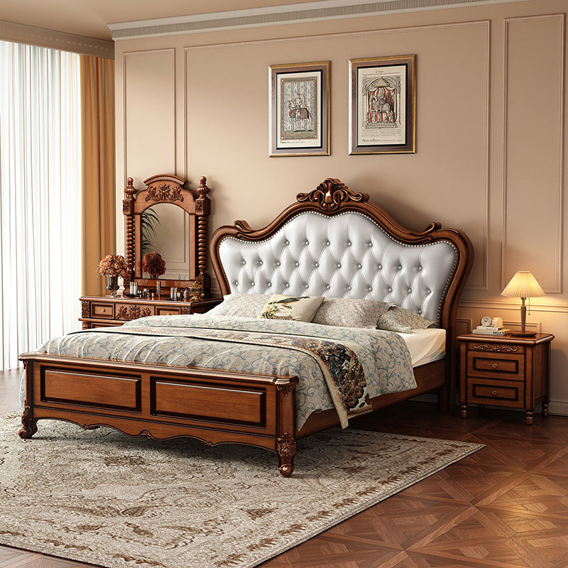美式复古实木主卧大婚床桃花心木1.8床大小户型1.5米高箱储物软包
