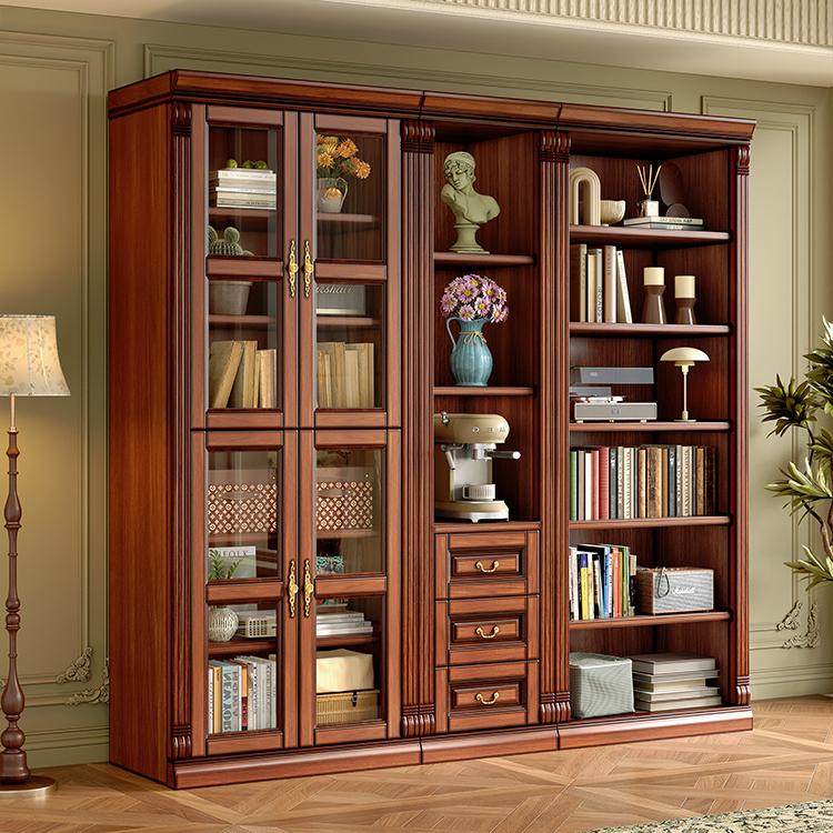 美式复古实木书柜书房组合书架桃花心木玻璃门一体抽屉储物置物柜,住宅家具,组合书柜,淘宝优惠券,粉丝福利购,淘宝优惠卷