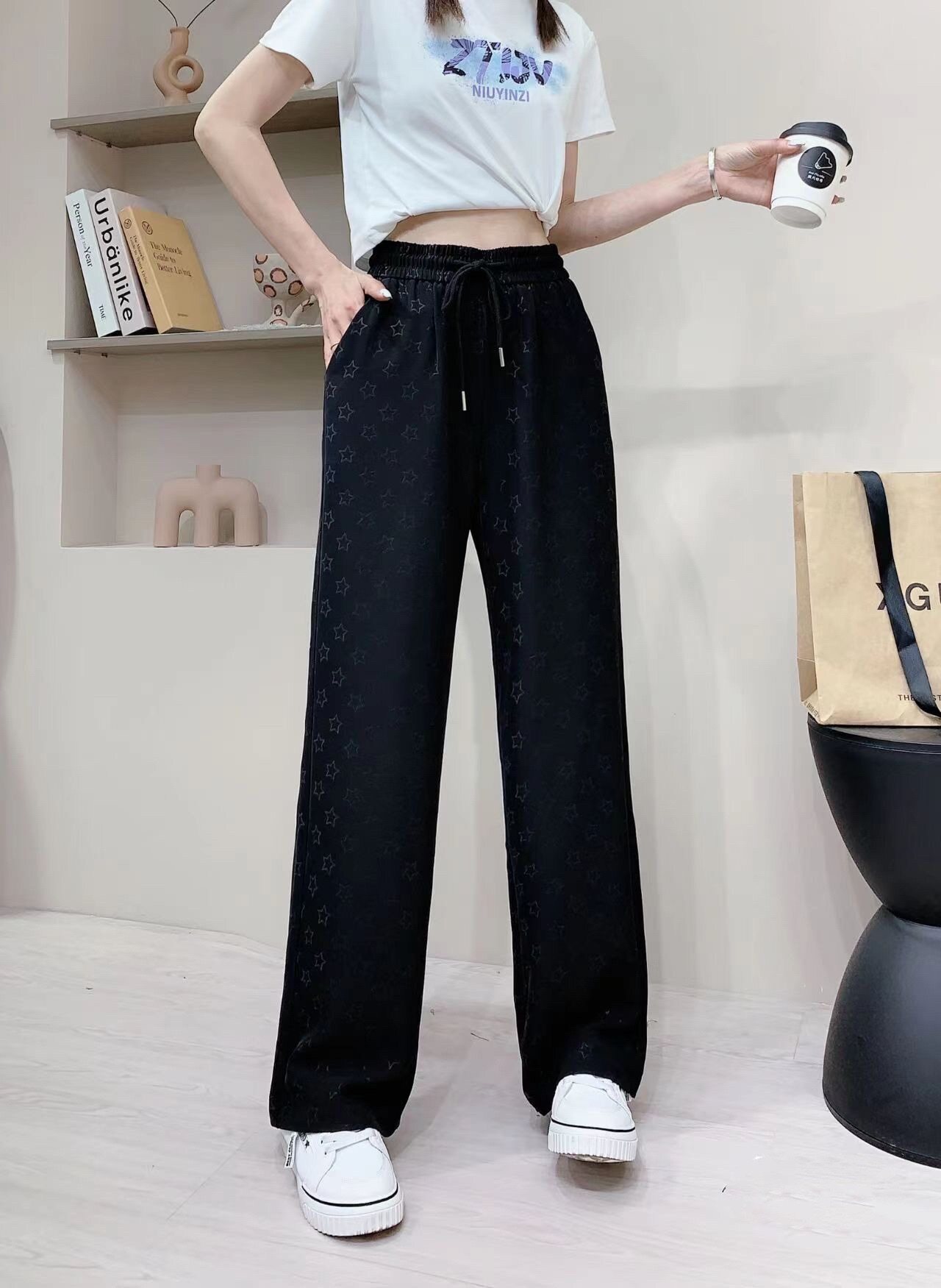 2026年新款香港花牌春夏款basha芭莎韩版冰丝抽绳侧星星纯色阔腿