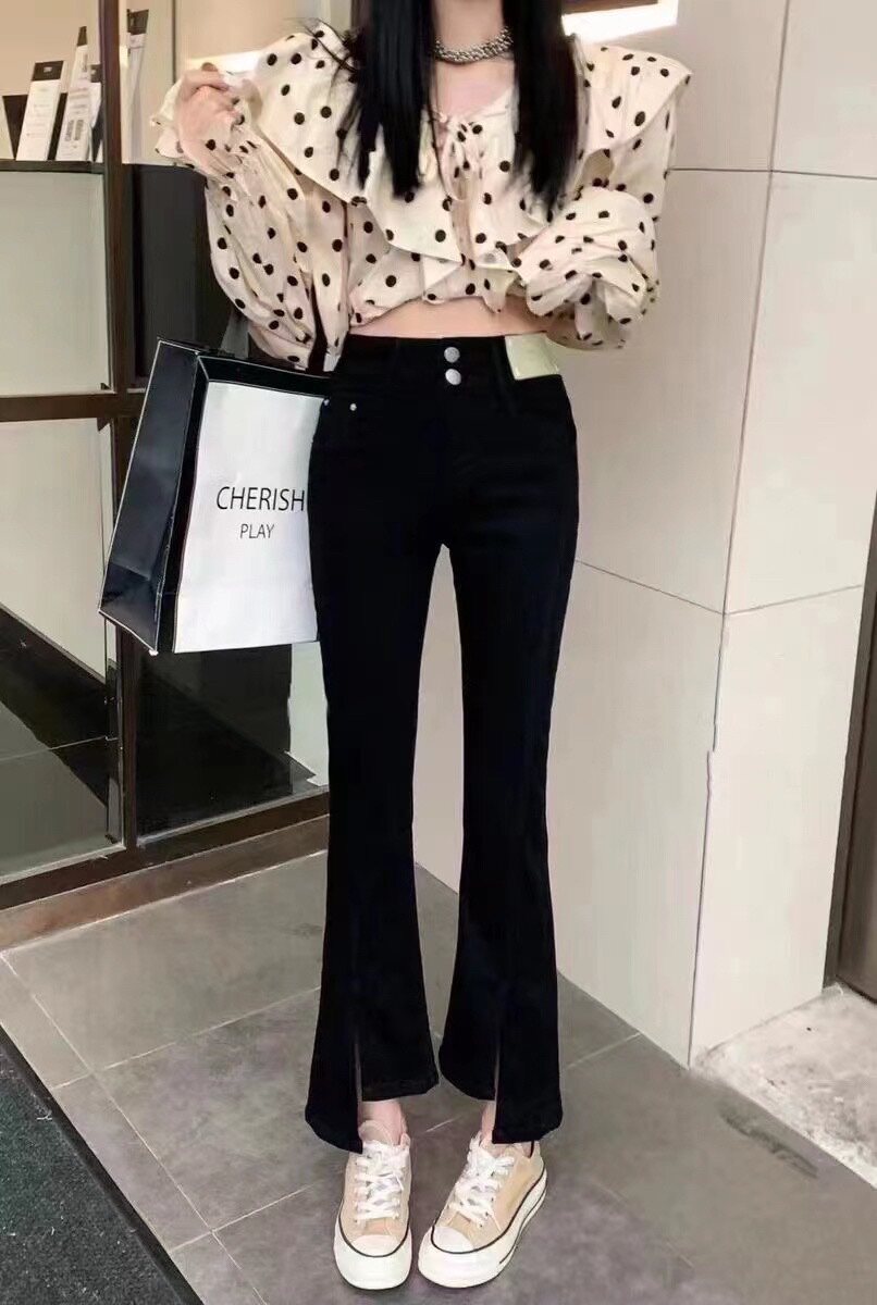 2026春夏新款香港花牌BASHA欧货韩版芭莎开叉弹力微喇叭牛仔裤女