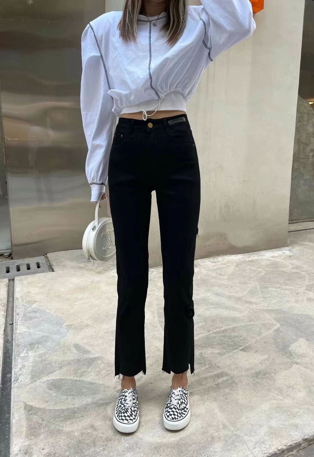 春秋牛仔裤脚口毛边弹力显瘦厚绒