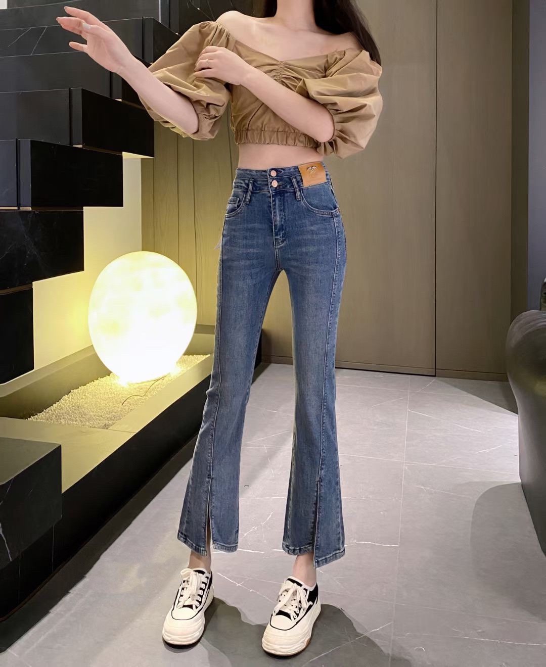 2026春夏新款香港花牌BASHA芭莎欧货韩版开叉弹力微喇叭牛仔裤女