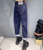 春秋香港花牌欧货芭莎BASHA百搭四面弹不变形防掉色深蓝牛仔垮裤