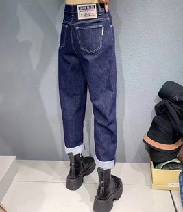 春秋香港花牌欧货芭莎BASHA百搭四面弹不变形防掉色深蓝牛仔垮裤