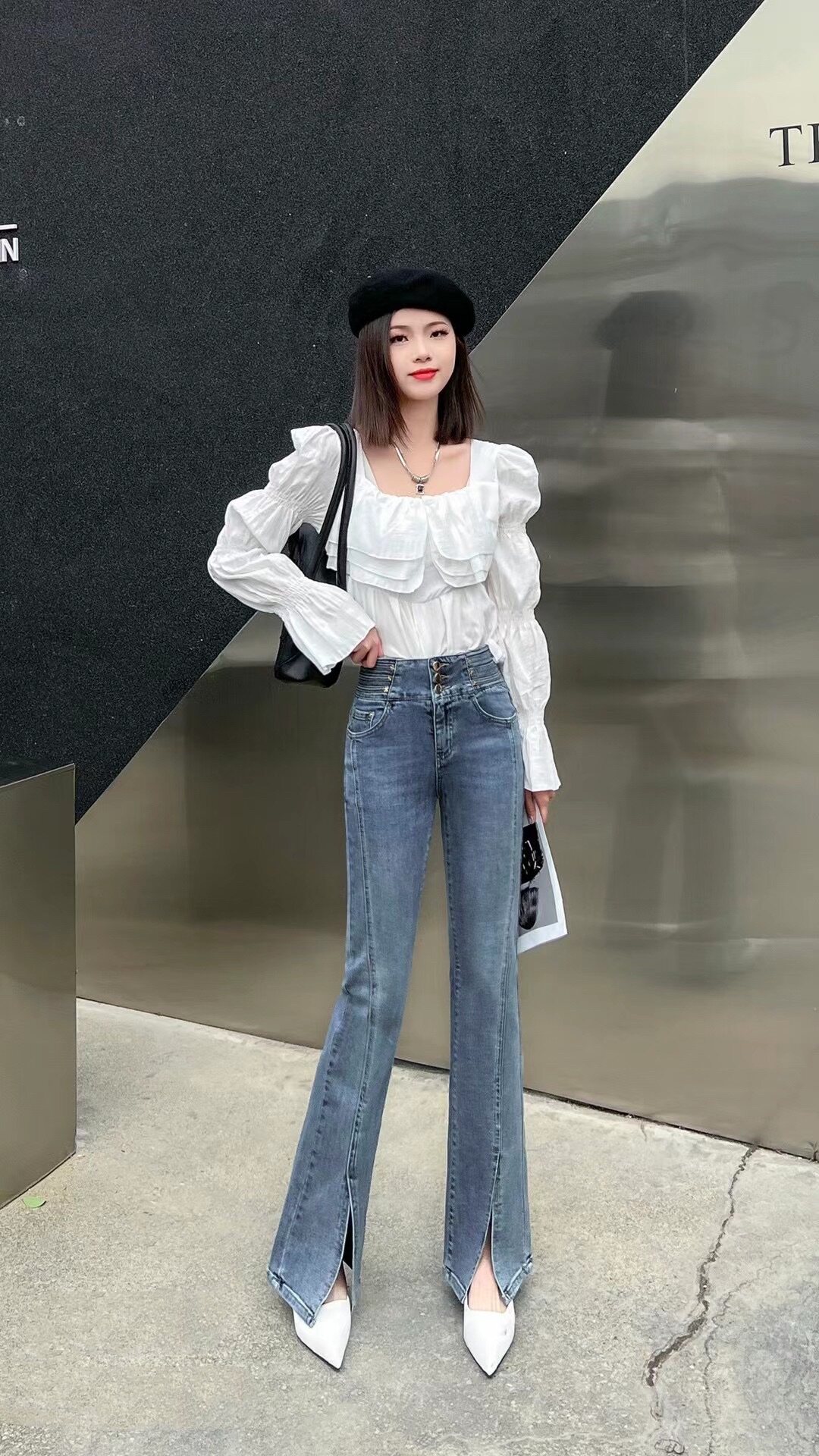 2026春夏新款香港花牌BASHA芭莎欧货韩版修身开叉微喇叭牛仔裤女