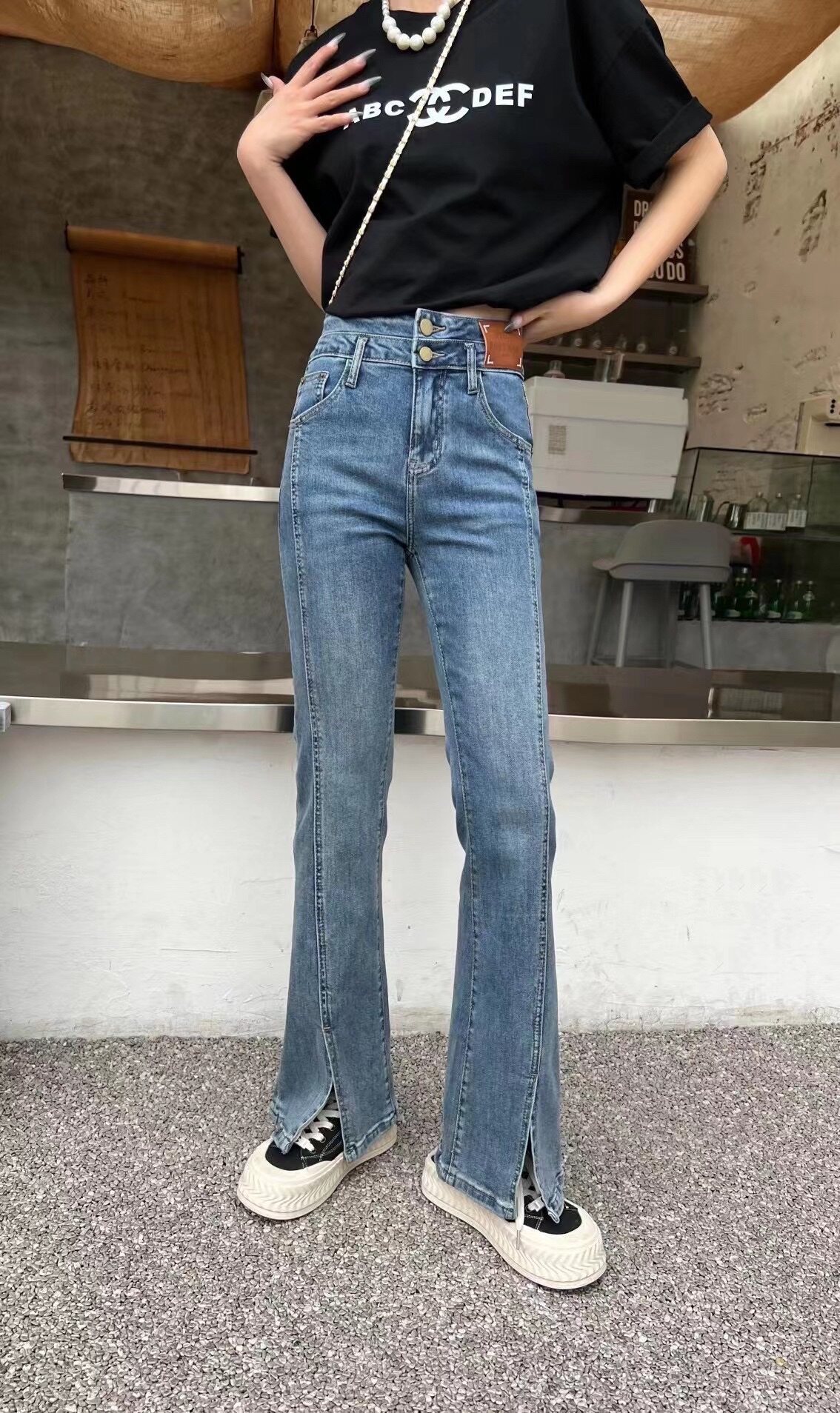 2026春秋新款香港花牌BASHA芭莎欧货韩版开叉紧身微喇叭牛仔裤女
