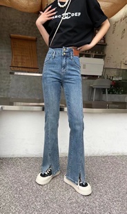 春秋BASHA香港花牌芭莎欧货韩版百搭高腰开叉紧身喇叭牛仔裤潮女