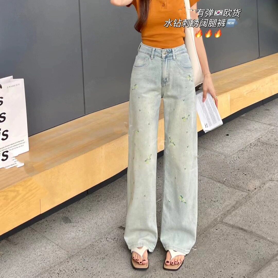 2026春夏新款香港花牌BASHA欧货芭莎韩版水钻刺绣窄版阔腿牛仔裤