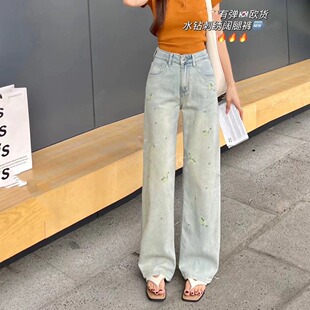 香港花牌春夏欧货芭莎BASHA水钻中式刺绣花朵窄版阔腿直筒牛仔裤