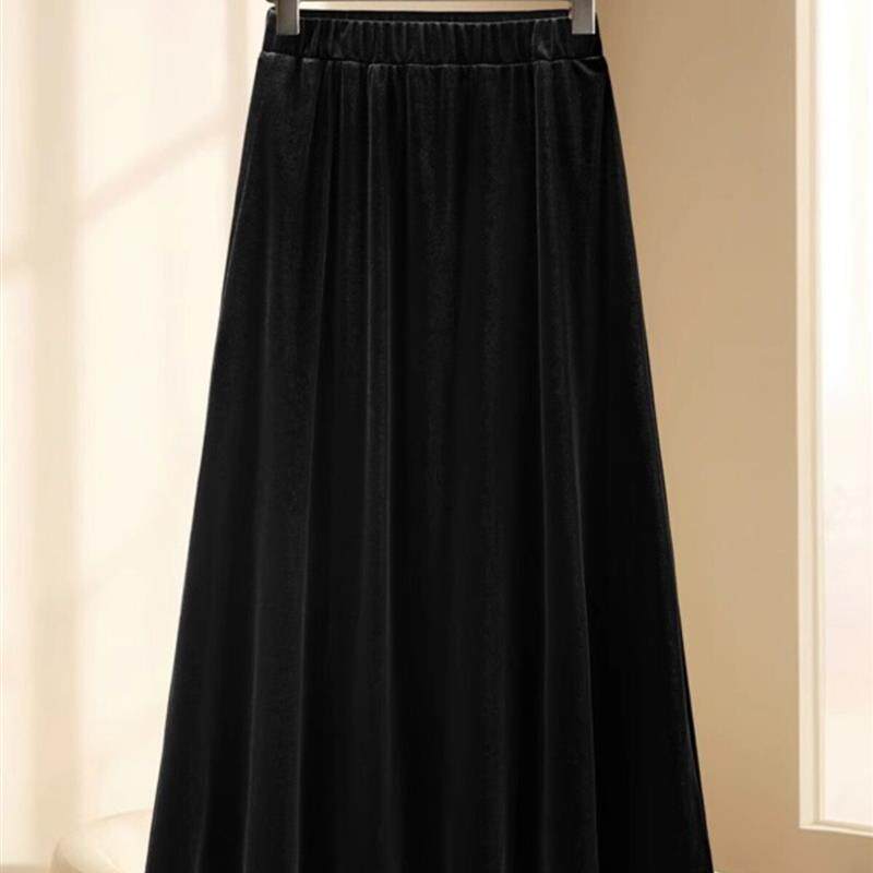 金丝绒垂感百褶大摆裙2026春款显瘦黑色时尚半身裙松紧腰休闲长裙