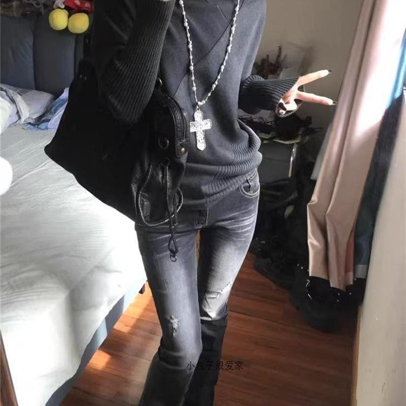 美式复古高个子加长中古黑色微喇牛仔裤女秋冬季修身显瘦低腰裤子图片
