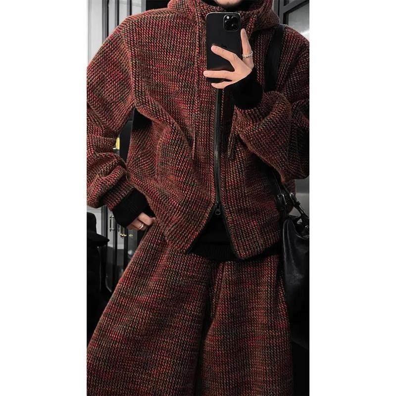 秋冬季新品男士美式复古设计感针织百搭连帽卫衣宽松阔腿长裤套装