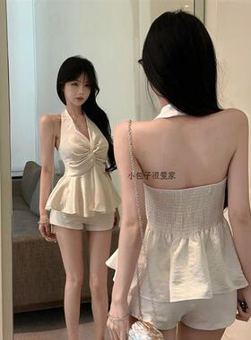 设计感扭结露背挂脖背心绝美抹胸小衫女夏季新款收腰显瘦辣妹上衣