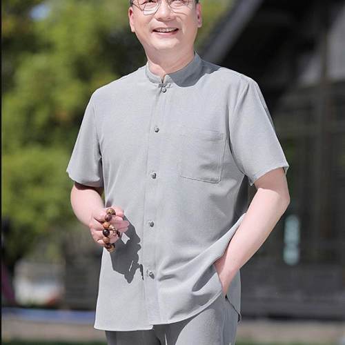 中老年唐装男款夏季中国风短袖爸爸夏装套装老人爷爷夏天冰丝衣服