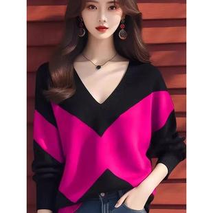 女設計感小眾拼色絕美上衣 秋冬獨特別致慵懶風寬松v領毛衣針織衫