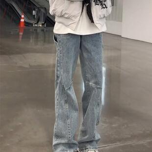 2026复古蓝显瘦微喇牛仔裤男款秋冬季美式高街裤子斜切弯刀工装裤