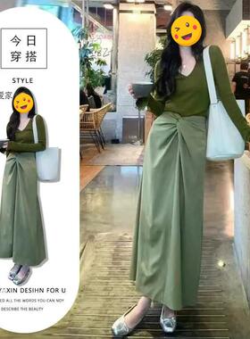 轻熟气质春季套装绿色V领长袖针织衫上衣女高腰扭结半身裙两件套