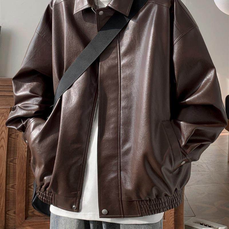 美式复古皮衣外套男士秋冬季高级感痞帅潮牌休闲宽松pu皮翻领夹克