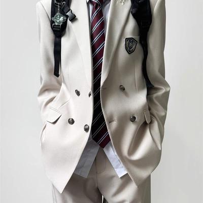 dk日系校供感米白色西装男春秋季青少年戗驳领双排扣西服外套上衣
