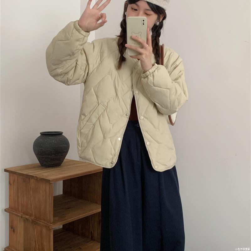 小个子轻薄羽绒服女2025秋冬新款菱形格韩版短款小圆领白鸭绒外套