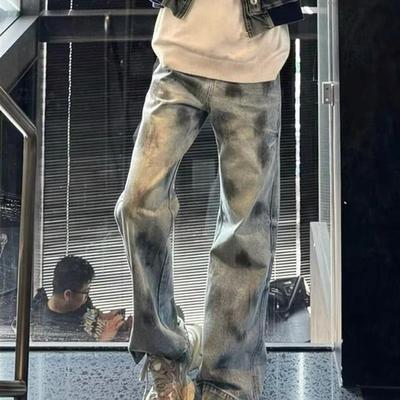 美式高街vibe泼墨牛仔裤男秋冬季潮牌设计感小众水洗休闲直筒裤子