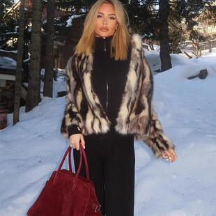 跨境网红欧美风新款女装人造皮草时尚外套秋冬款黑白斑纹上衣