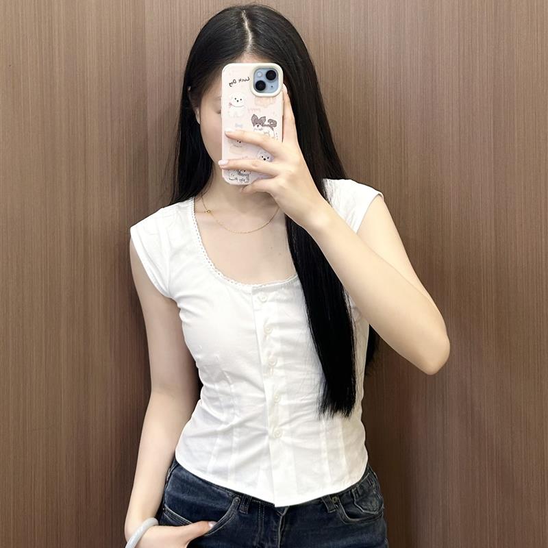 电臀侠 夏季无袖上衣女甜辣修身显瘦短款内搭衬衣褶皱薄款衬衫