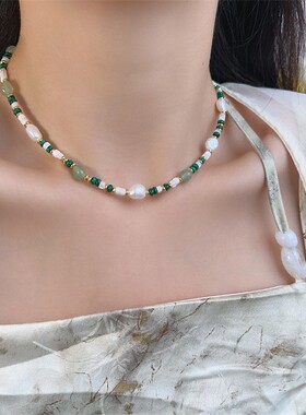 天然珍珠项链 孔雀石头绿色串珠锁骨链女配饰 轻奢小众新款颈链潮