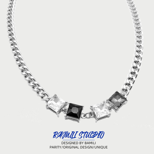 原创设计黑白格子项链男女ins潮