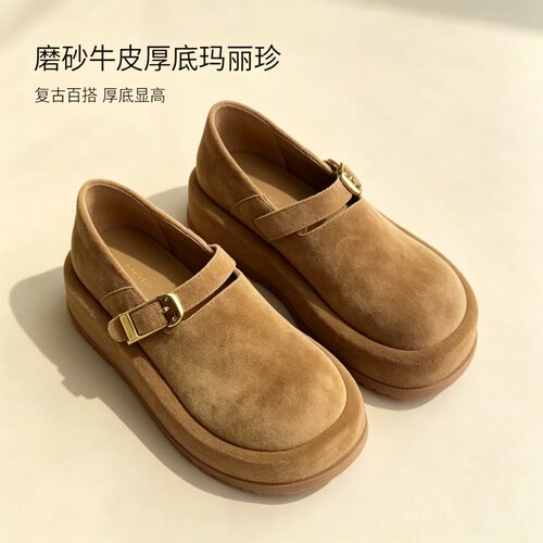 复古厚底磨砂牛皮搭扣勃肯鞋女