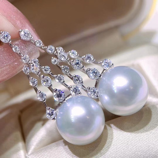 繁星点点的珍珠耳环，高品质大颗粒钻石，11-12mm正圆冷光澳白