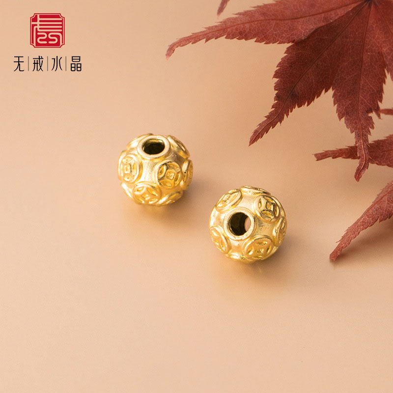 『无戒』S999千足银3D硬银镀金钱币圆珠隔珠手串 手工DIY银饰配件