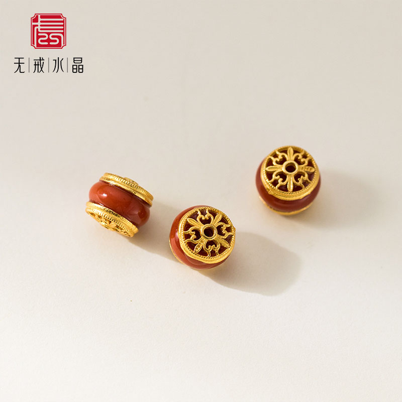 『无戒』S925纯银电镀金8mm南红吊坠手工DIY串珠挂件手工银饰配件