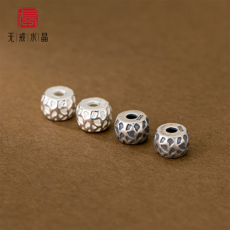 『无戒』S925银哑光做旧敲打纹手链串珠鼓珠手工diy手串材料隔珠