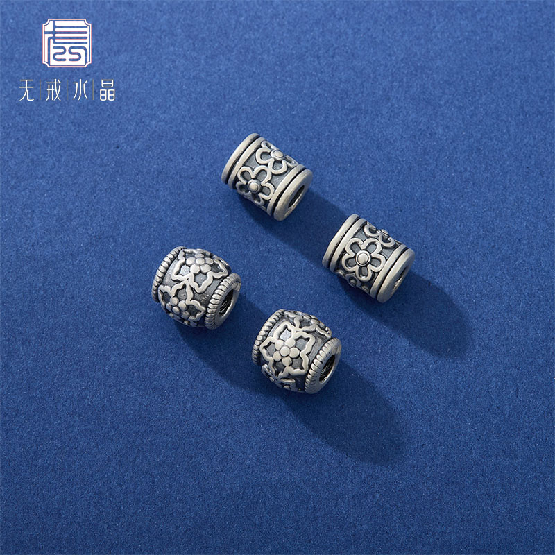『无戒』S999足银复古做旧桃花隔珠diy文玩手串桶珠银饰配件材料