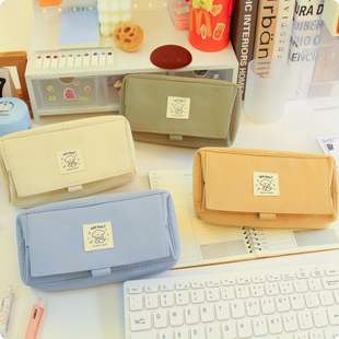 卡通线条小狗笔袋ins款大容量多层翻盖文具包高颜值双拉链收纳袋