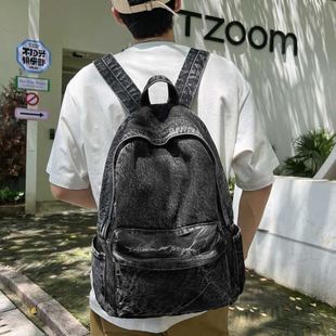 复古牛仔布双肩包女简约韩版大学生书包男高中初中生旅行背包软包