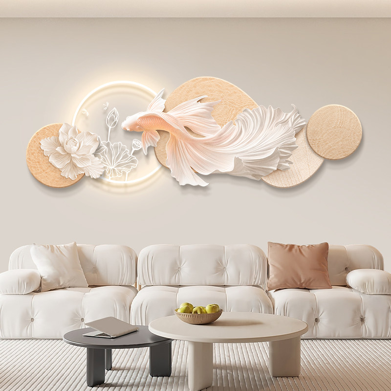 奶油风客厅装饰画2026新款沙发背景墙挂画高级感立体砂岩壁画锦鲤