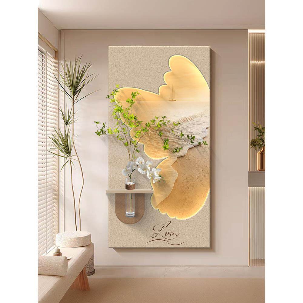 奶油风水培绿植玄关装饰画入户正对门挂画客厅走廊过道壁画感应灯