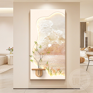 奶油风入户玄关装 饰画带灯海景砂岩肌理画高级感走廊过道感应挂画