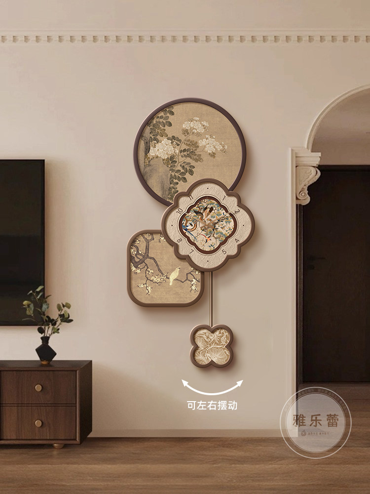 中古风电视背景墙装饰挂件宋代美学创意客厅时钟表高级感玄关挂画