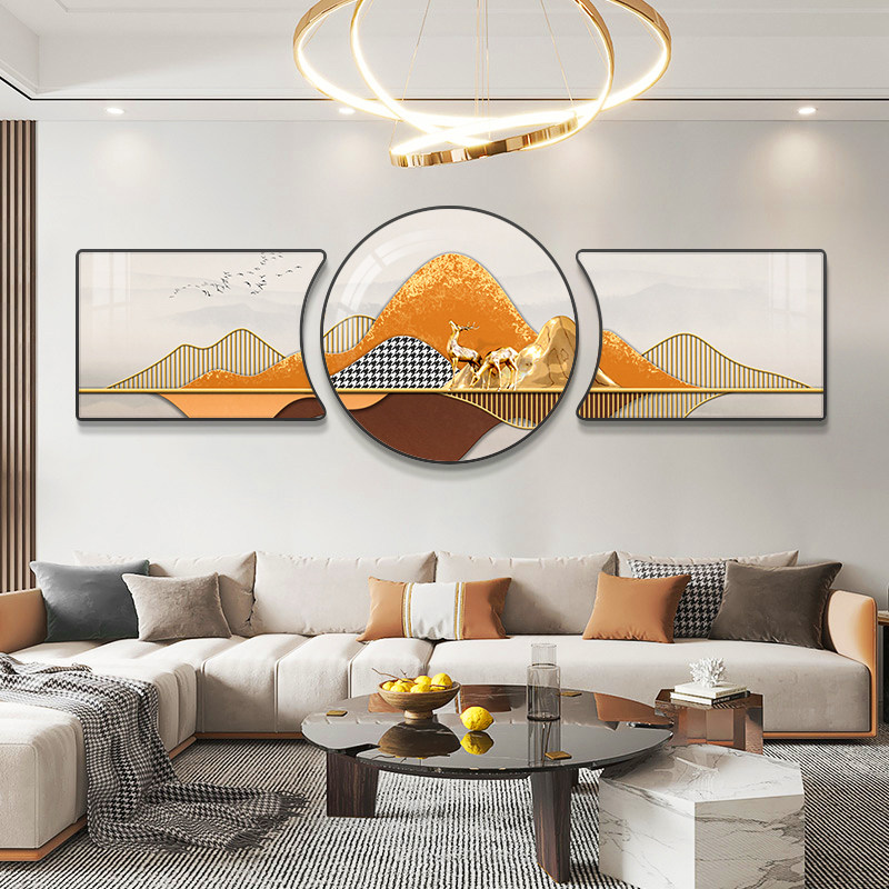 客厅沙发背景墙装饰画2026新款壁画现代简约大气山水福鹿三联挂画