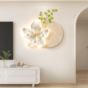 2026新款电视机背景墙装饰画带钟表挂钟客厅挂画灯餐厅奶油风时钟