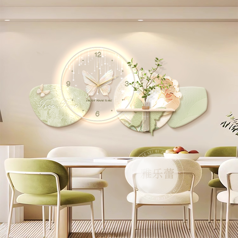 现代简约客厅高档挂钟奶油风餐厅装饰画钟表高级感创意带灯挂画