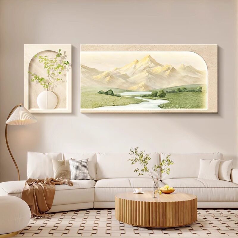 奶油风客厅装饰画原木大气日照金山沙发背景墙挂画高级感山水壁灯