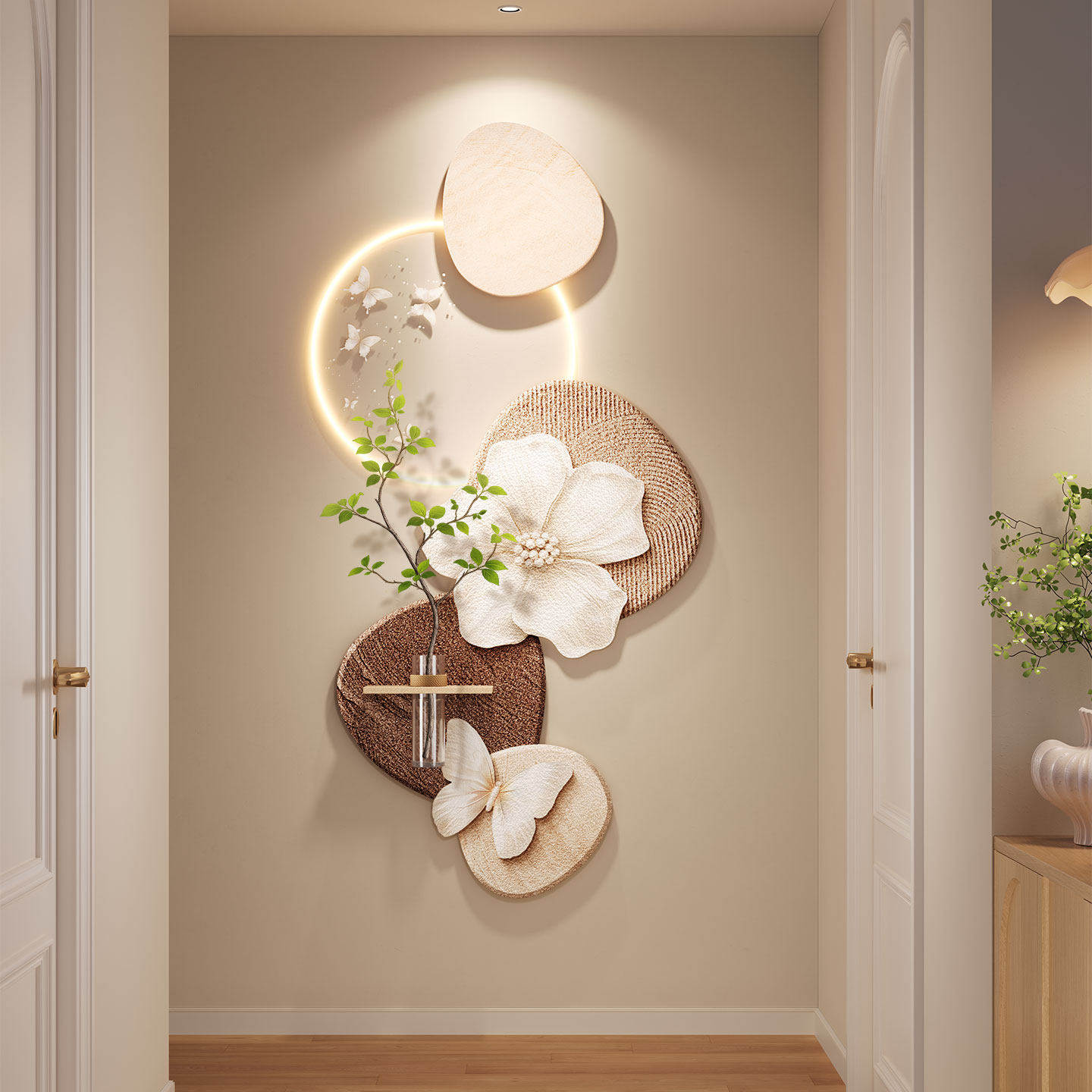 高级感蝴蝶玄关装饰画奶油中古风走廊过道立体挂画石来运转壁灯画